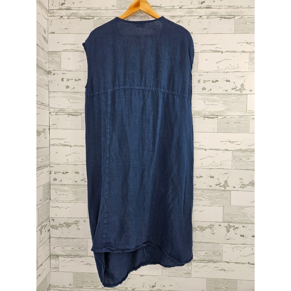Ellamoda Navy Blue 100% Linen V-Neck Sleeveless Draped Bubble Midi Dress Medium - Picture 3 of 7